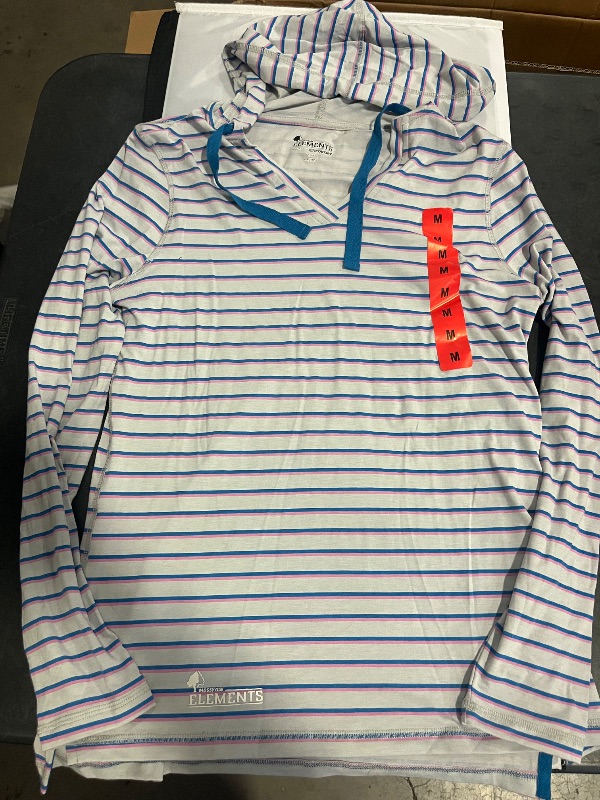 Photo 1 of (M) Paramount Outdoors Elements Women's Sunset V-Neck Lightweight Sun Hoodie (Medium, Blue & Pink Stripe)

