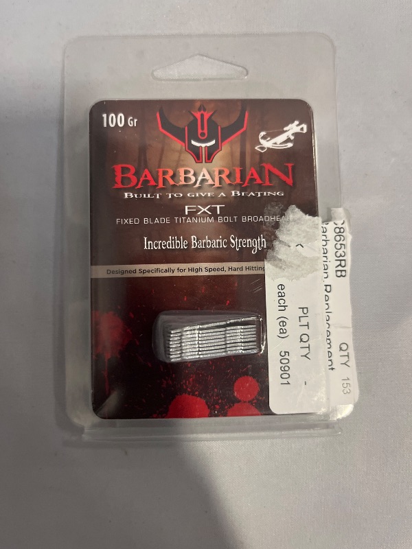 Photo 1 of Barbarian FXT Titanium Bolt Broadhead, a type of arrow tip designed specifically for high-speed crossbows. It is a 100-grain fixed-blade broadhead featuring titanium construction for strength.