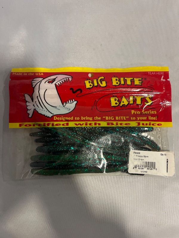 Photo 1 of Big Bite Baits 4" Finesse worm sour grape 15pack