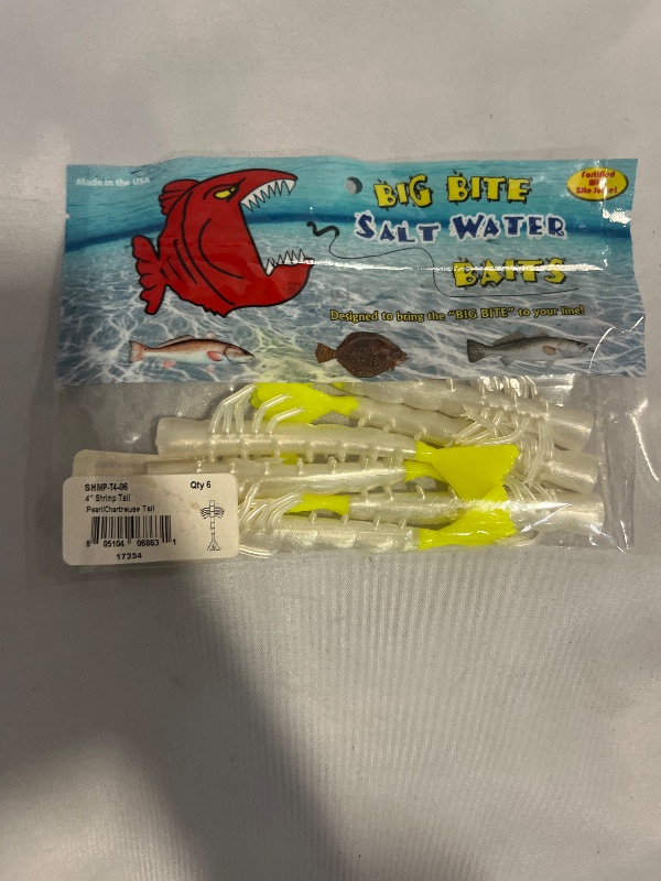 Photo 1 of 4" shrimp tail pearl/chartreuse tail 6pack