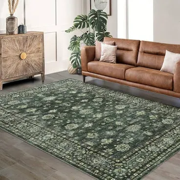 Photo 1 of 2' x 12' Garvee Bordered Distressed Printed Area Rug Stain Resistant Home Decor Carpet for Versatile Use in Living Room, Bedroom, and Entryway