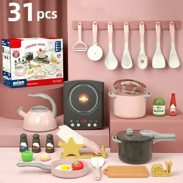 Photo 1 of CUTE STONE Play Kitchen Accessories Set, Kids Cooking Toys Set with Play Pots and Pans, Electronic Induction Cooktop with Sound and Light, Cookware Utensils Kids Kitchen Set Kitchen Toys for Kids