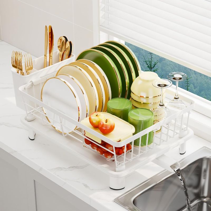 Photo 1 of Dish Drainer Rack with Drip Tray, Sink Dish Drainer with Drainage Spout, Stainless Steel Dish Drying Rack with Cups, Utensil & Cutting Board Holders for Kitchen Counter Space-Saving, White