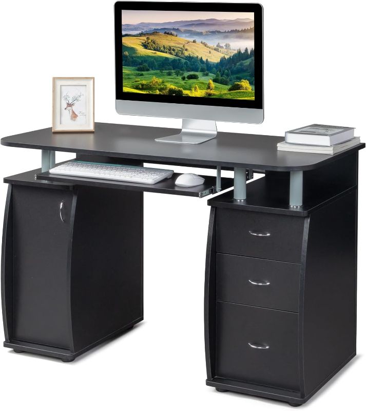 Photo 1 of Karl home Computer Desk with Drawers & Storage Cabinet, Small Office Desk PC Laptop Workstation for Home, Studio, Office, Apartment, Black