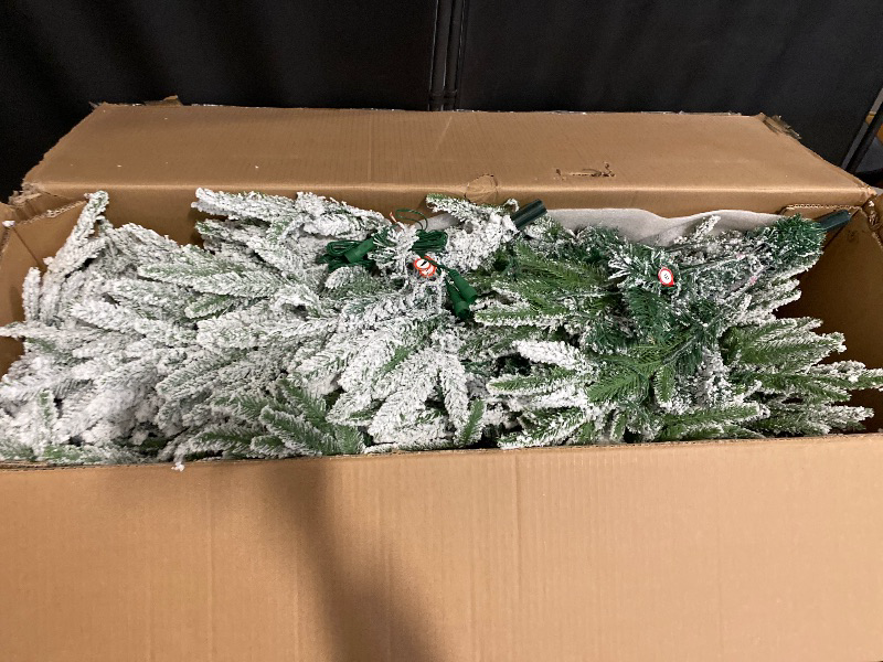 Photo 1 of 7 Ft Pre- Snow Flocked Christmas Tree, Artificial Hinged Xmas Tree with 820 PE & PVC Mixed Branch Tips, 340 Warm White LED Lights, Foldable Metal Base, Home Office Decoration