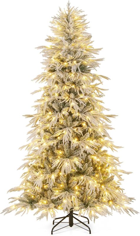 Photo 1 of 7 Ft Pre- Snow Flocked Christmas Tree, Artificial Hinged Xmas Tree with 820 PE & PVC Mixed Branch Tips, 340 Warm White LED Lights, Foldable Metal Base, Home Office Decoration