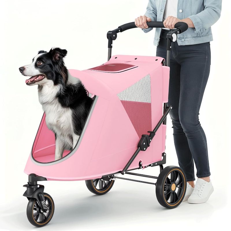 Photo 1 of MoNiBloom Pet Stroller for Large Dogs or Multiple Dogs Cats with Adjustable Handle, 3-Wheels Dual Entry Portable Dog Carting Easy Folding Pet Wagon Double Dog Stroller up to 55 lbs, Pink