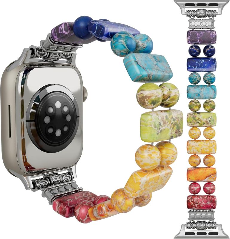 Photo 1 of Boho Natural Stone Bracelet Compatible with Apple Watch Band 42mm 44mm 45mm 49mm Handmade Beaded Rainbow Imperial Jasper Stones for iWatch Straps Replacement (Rainbow42/Silver/M)