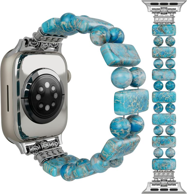 Photo 1 of Boho Natural Stone Bracelet Compatible with Apple Watch Band 42mm 44mm 45mm 49mm Handmade Beaded Rainbow Imperial Jasper Stones for iWatch Straps Replacement (Turquoise42/silver/M)