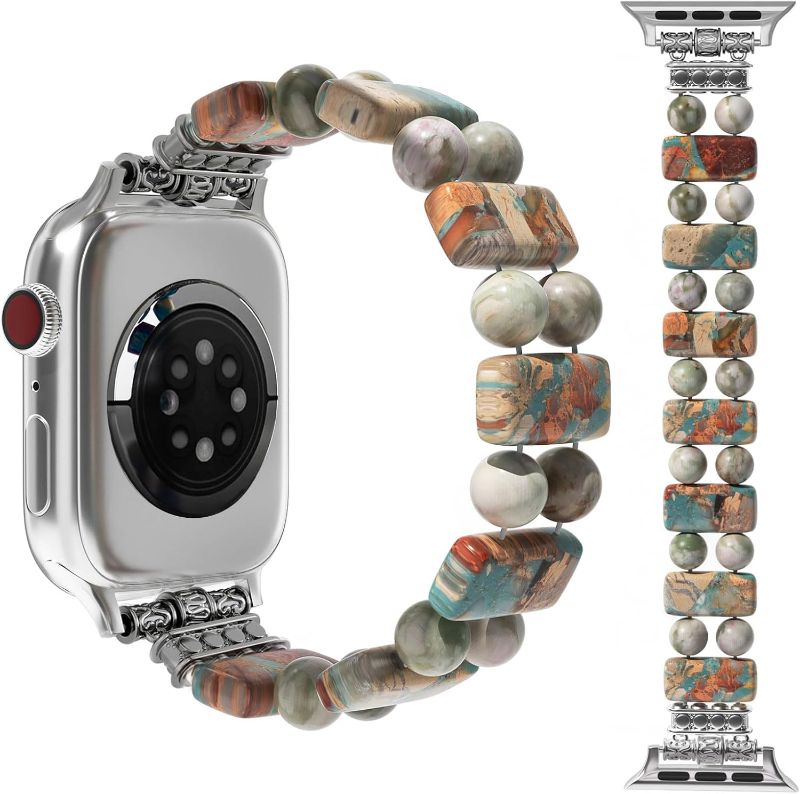 Photo 1 of Boho Natural Stone Bracelet Compatible with Apple Watch Band 38mm 40mm 41mm Handmade Beaded Rainbow Imperial Jasper Stones for iWatch Straps Replacement (Blue & Brown38/silver/L)