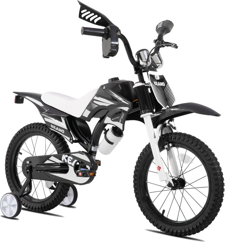 Photo 1 of KEANO Motocross Style Kids Bike for Boys Girls Ages 3-7 Years, 12 & 16 Inch Bikes with Training Wheels and Number Plate, Children Bicycles Black