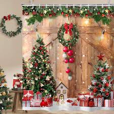Photo 1 of Farmhouse Christmas Shower Curtain for Bathroom, Winter Xmas Tree Home Decor Wooden Barn Door Fabric Shower Curtains, Country Vintage Snowflake,72X72in