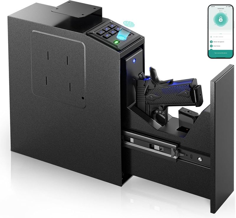 Photo 1 of Biometric Slider Gun Safe, 4 Unlock Methods, Wall Safe for Home Defense, Mountable Pistol Safe & Lock Box for Nightstand, Desk, Bedside, Truck
