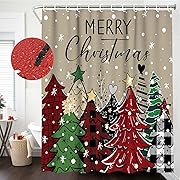 Photo 1 of Christmas for Bathroom Decoration Waterproof Polyester Fabric Xmas Buffalo Plaid Tree Snowflake Set with Hooks Winter Bathtub Shower