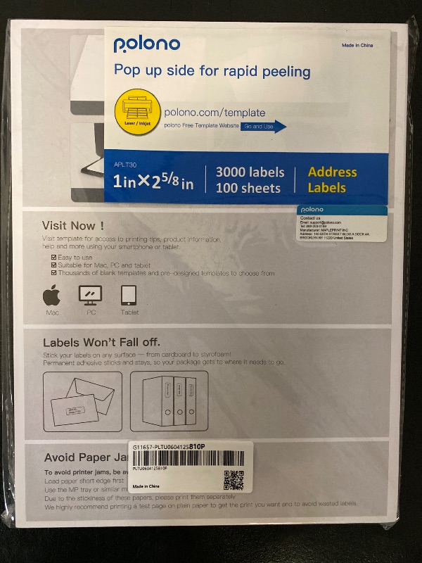 Photo 1 of Address Labels, Shipping Labels for Inkjet & Laser Printers, POLONO Mailing Address Labels with 1" x 2 5/8", 3000 Labels, 100 Sheets,