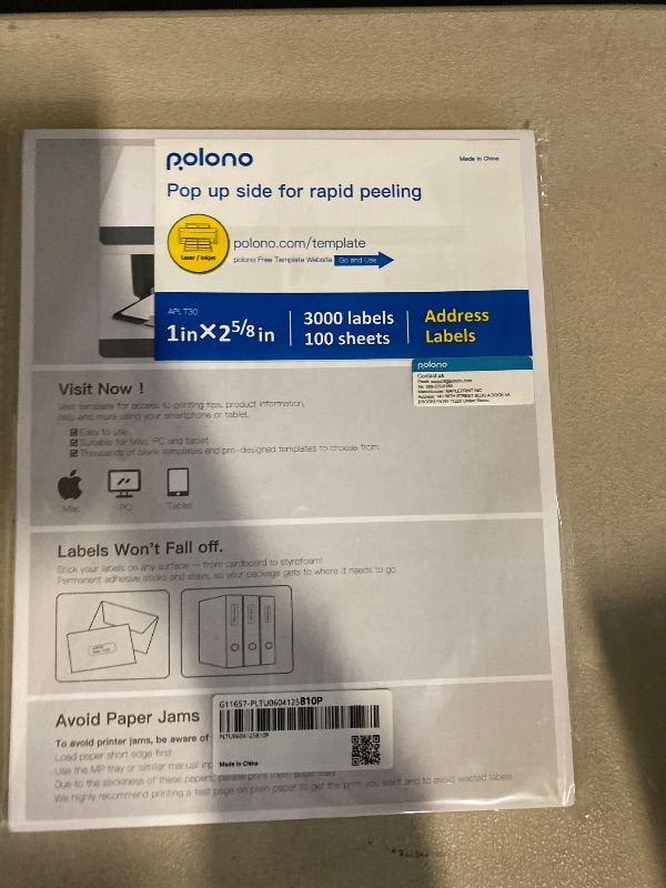 Photo 1 of Address Labels, Shipping Labels for Inkjet & Laser Printers, POLONO Mailing Address Labels with 1" x 2 5/8", 3000 Labels, 100 Sheets,