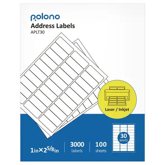 Photo 1 of Address Labels, Shipping Labels for Inkjet & Laser Printers, POLONO Mailing Address Labels with 1" x 2 5/8", 3000 Labels, 100 Sheets,