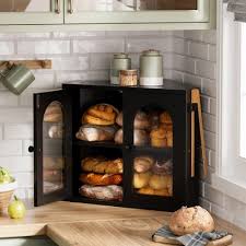 Photo 1 of Corner Bread Box for Kitchen Countertop, Large Double Layer Bread Storage Container for Homemade Bread, Black Bread Holder for Kitchen Counter, Under Cabinet Organizer (Black, Medium)