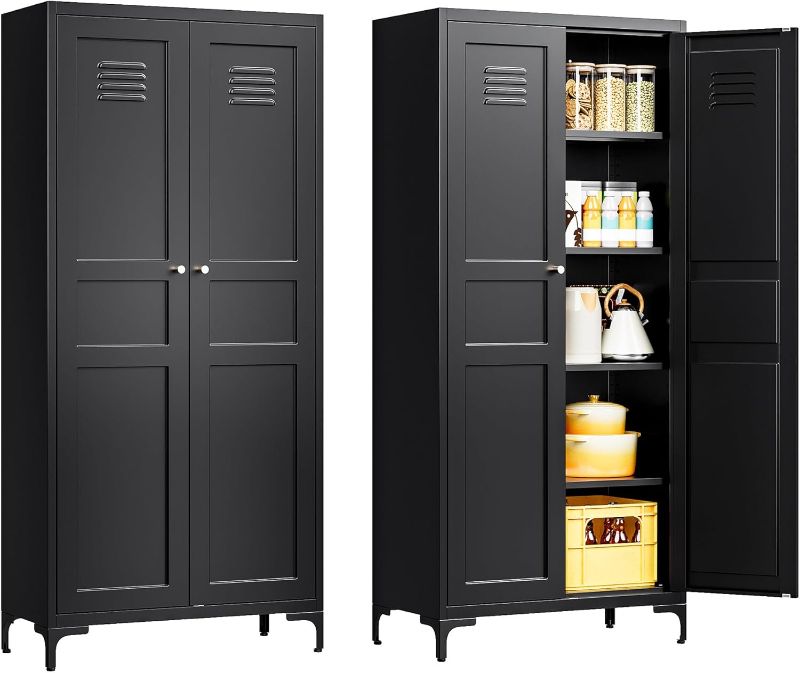 Photo 1 of Black Kitchen Pantry Storage Cabinet,Pantry Cabinets with Doors and Adjustable Shelves,Metal Cabinet with Feets for Kitchen,Pantry,Dinning Room,Bathroom,Living Room,Cupboard(Black)