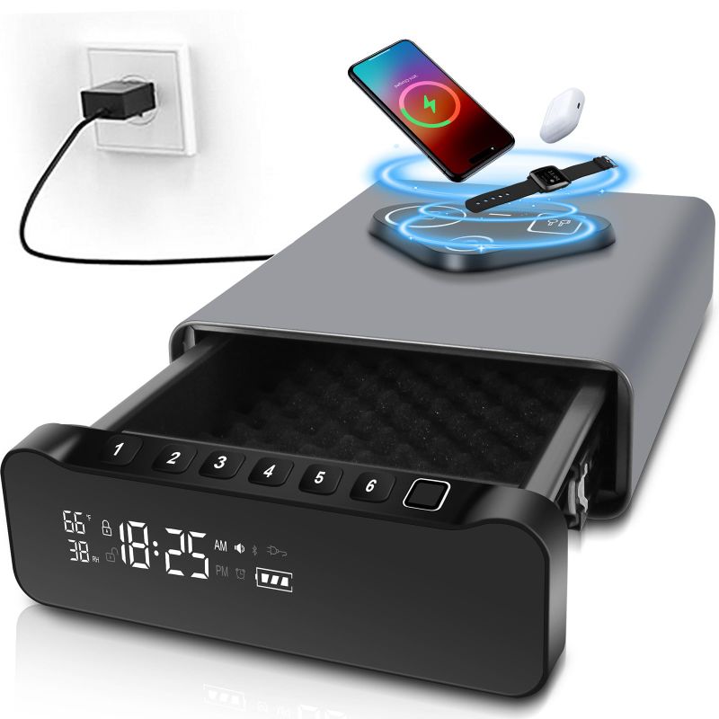 Photo 1 of FTOP Biometric Fingerprint Gun Safe, Clock Handgun Safe with 3-in-1 Watch & Phone Wireless Charging, Drawer Lock for Hand Guns, Cash, Valuables- with Humidity Reader|Temperature| Alarm Clock| Screen