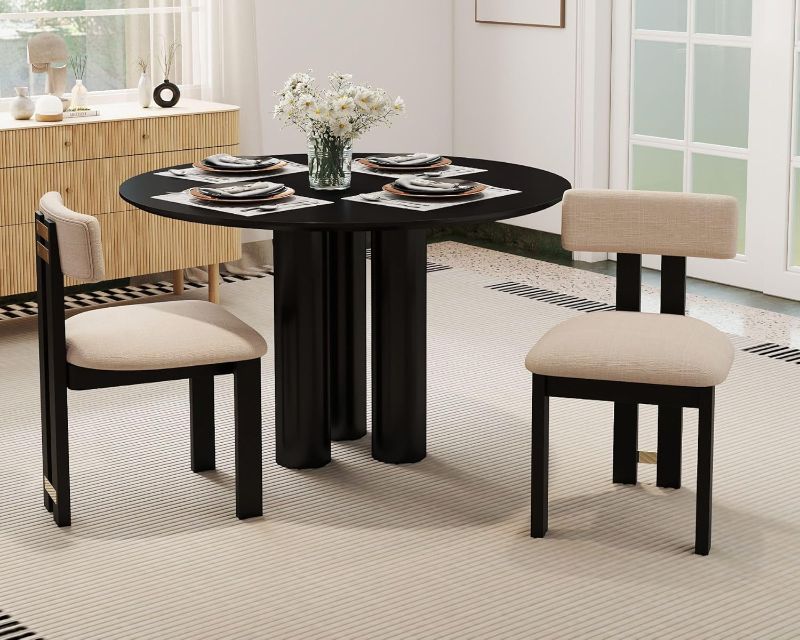 Photo 1 of HNY Modern Farmhouse Linen Dining Chairs Set of 2, Beige Fabric Upholstered Dining Room Kitchen Chairs with Black Wood Frame & Curved-Back, Armless Accent Wood Chairs for Dining Living Room