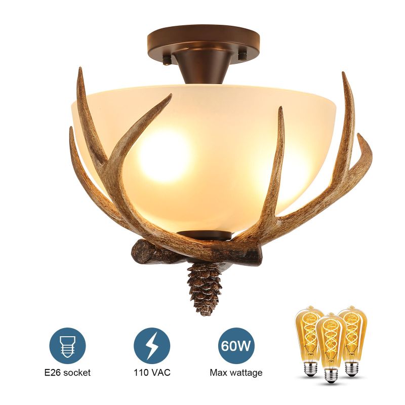 Photo 1 of Antler Glass Semi Flush Mount Fixture Ceiling Lighting, 3-light 60 Watts (12.59" H X 14.17" W) European Bronze For A Kitchen Island Dining Room Entryway
