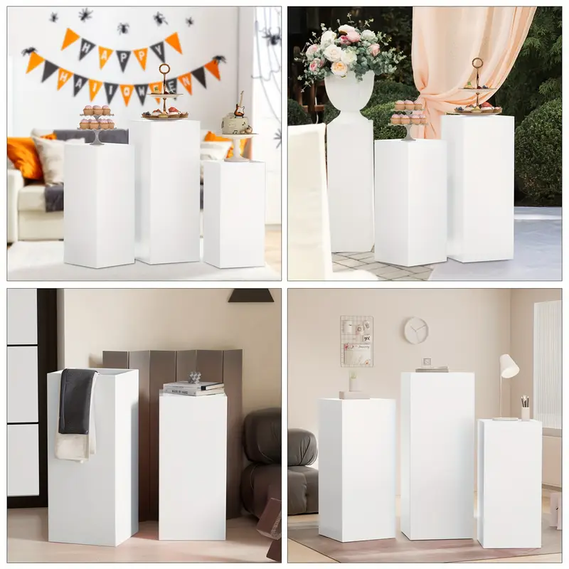 Photo 1 of 3pcs Metal Display Pedestal Stand for Party, Wedding Square Pedestal Stand for Display, White Pink Pedestal for Sculpture Display, Stable and Durable Multifunctional Birthday Wedding Dessert Stand Event Art Decoration (25.5in, 29.7in, 35.4 in Tall)
