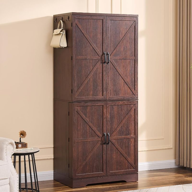 Photo 1 of Wardrobe Closet, 72" Tall Storage Cabinet with Hanging Rod, Shelves and Drawer, Freestanding Wardrobe Cabinet with Side Door Storage for Bedroom, Farmhouse Wood Clothing Cabinet, Dark Cherry