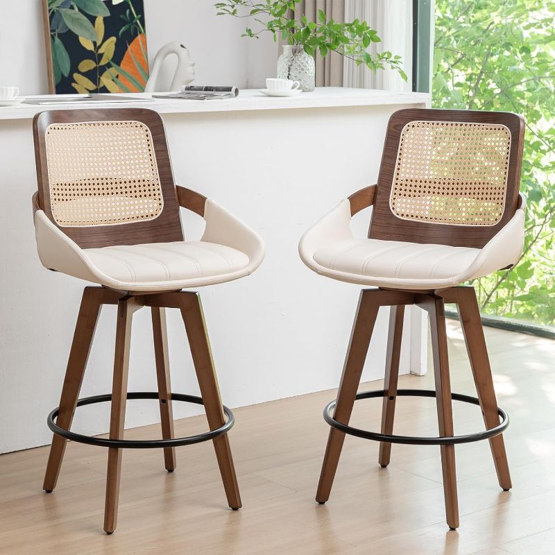 Photo 1 of Set of 2 Mid Century Modern Counter Stools - 26.4 inch Rattan Swivel Counter Stools with Cane Back, Upholstered Faux Leather, Walnut Craftsmanship, Ideal for Island/Pub/Kitchen(26" Seat Height, Beige)