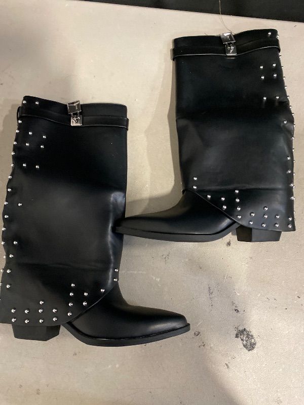 Photo 1 of 8.5 Women's Studded & Lock Boots, Fold Out Pull On Chunky Heel Mid-calf Boots, Stylish Point Toe Slim Boots