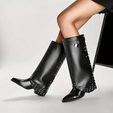 Photo 1 of 8.5 Women's Studded & Lock Boots, Fold Out Pull On Chunky Heel Mid-calf Boots, Stylish Point Toe Slim Boots