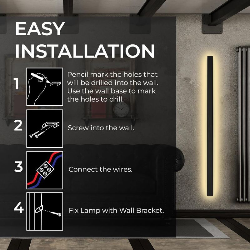 Photo 1 of Modern Minimalist Wall Sconces LED Light Fixtures for Bathroom Vanity, Bedroom, Living Room, 3 Colors Included 2700K-6500K Dimmable with Remote - Black (Hard Wired, 48 inches)