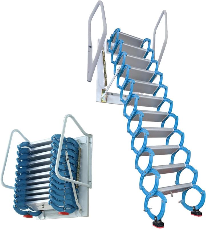 Photo 1 of 10FT Wall Mounted Attic Ladder Pull Down System 12 Steps Folding Stairs Alloy Attic Access Ladder 27.6x27.5 Frame Size 660LBS Capacity Foldable Loft Stairs with Armrests and Pull Rod