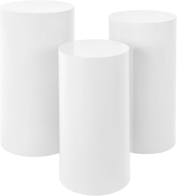 Photo 1 of Cylindrical Display Stands, 3 Pcs Pedestal Stand for Wedding Cakes, 44-66lbs Load-bearing Capacity Versatile Decorative Pillar, Ideal for Floral Arrangements, Party Decor, White