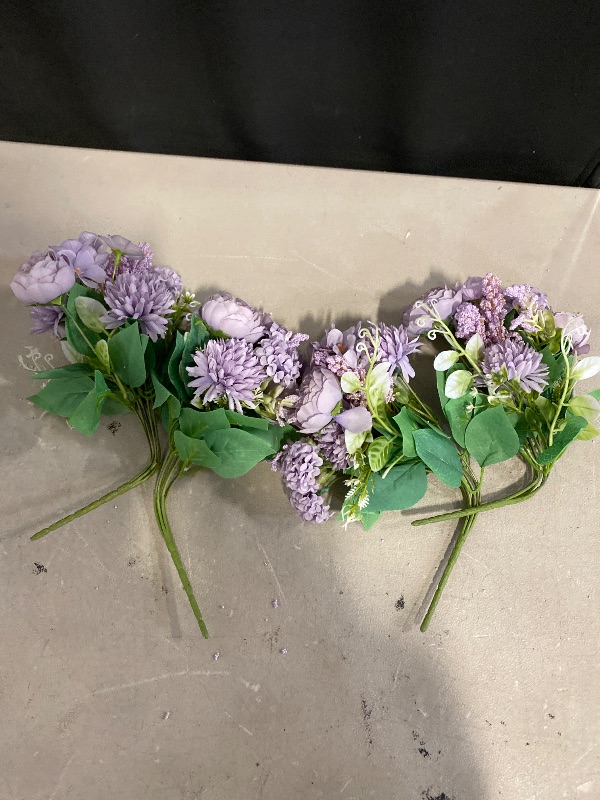 Photo 1 of 4 Pcs 13.4 Inch Artificial Flowers Bouquet Fake Silk Flowers Faux Bouquet Hydrangea Bouquets for Mother's Day Wedding Birthday Table Centerpieces Home Office Decoration(Purple,Peony)