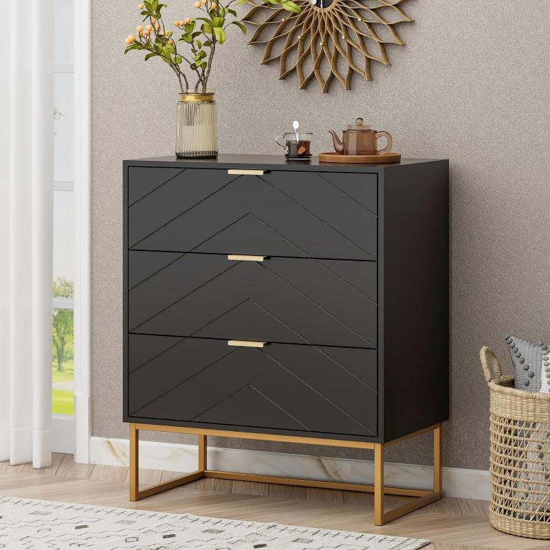 Photo 1 of 3 Drawer Dressers with Storage, Small Chest of Drawers, Storage Cabinet with Golden Legs for Bedroom,Dressers for Bedroom, Living Room White