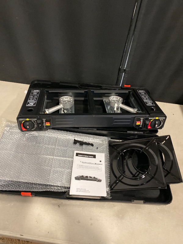 Photo 1 of 2-Burner Butane Camping Stove, Portable Camping Stove with Adjustable Burners & Carrying Case, Piezoelectric Ignition Camping Burner, Dual Fuel Stove with LPG & Butane Compatibility