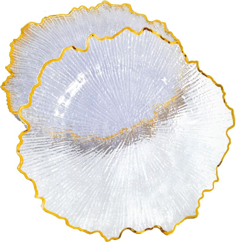 Photo 1 of 25 Pcs Clear Charger Plates Bulk Clear with Gold Rim Reef Disposable Plastic Plates Dinner Plates for Wedding Service Table Plate for Parties 13 inch (25pcs)