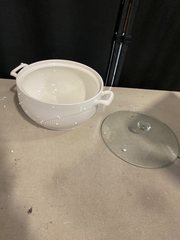Photo 1 of Ceramic Soup Tureen, Ceramic Soup Pot, Ceramic Round White Dish Casserole/Clay Pot/Earthen Pot/Ceramic Cookware with White Lid Heat Microwave and Dishwasher Safe, Porcelain,9inch