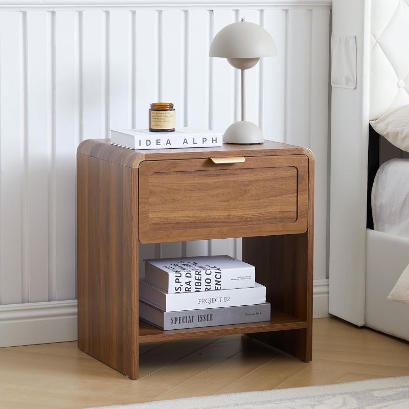 Photo 1 of Compact Nightstand with Charging Station, Small Bedside Table with Curved Top Corners and Storage Drawer, Mid-Century Modern Wooden End Table for Farmhouse Bedroom Living Room (1, Walnut)