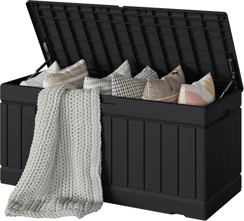 Photo 1 of 78 Gallon Deck Box, Waterproof Resin Outdoor Storage Box for Outside and Patio, Outdoor Storage Bench Lockable for Patio Furniture, Garden Tools and Pool Supplies (Black, 78 Gallon)