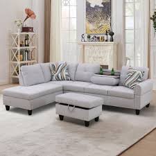 Photo 1 of Box 1/3 3 Piece Sofa Set, L shape Sectional Couch with Storage Ottoman&Cup Holder, Linen, Left Hand, Light Gray