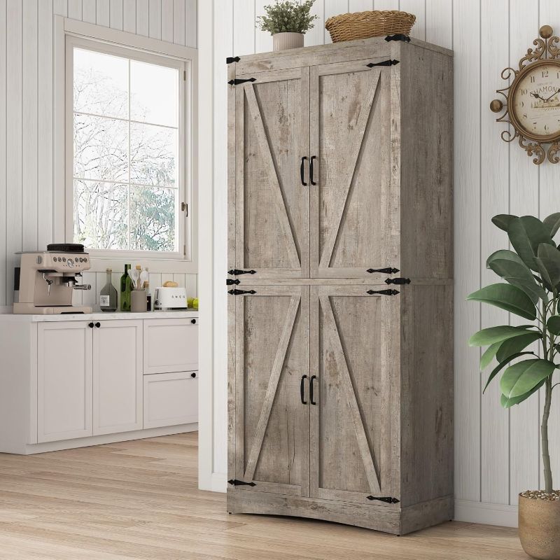 Photo 1 of Box 2/2 - 71" Tall Kitchen Pantry,Farmhouse Storage Cabinet with Adjustable Shelves,Load-Bearing Steel Pipe,Farmhouse Pantry Cabinet with 4 Barn Doors,for Kitchen,Dining Room,Living Room(Rustic White)