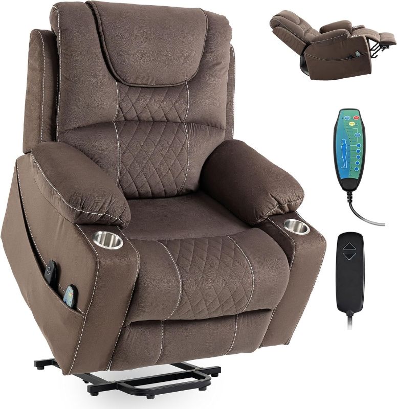 Photo 1 of Box 3/3 Large Power Lift Recliner Chair Sofa with Massage and Heat for Big and Tall Elderly,Infinite Positions,Cup Holders,and USB Ports,Velvet Home Theater Seat Brown
