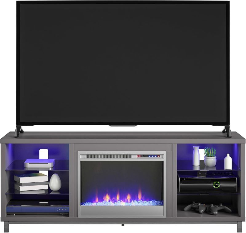 Photo 1 of Ameriwood Home Lumina Fireplace TV Stand for TVs up to 70 Inch, Replaceable Electric Fireplace Insert Heater, Remote Control, Timer, Color Changing LED Lights, Crystal Ember Flames, Graphite Gray