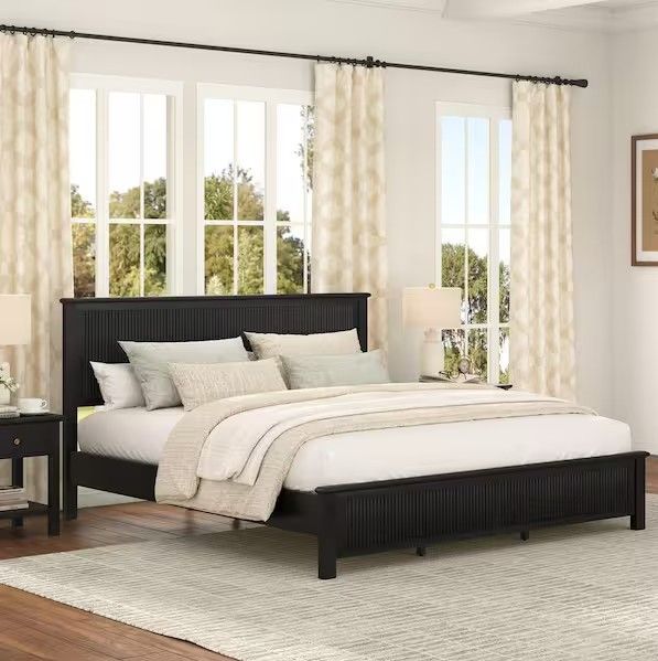 Photo 1 of King - Modern Black Solid Wood Bed Frame King Platform Bed with Unique Reeded Headboard Footboard and Wooden Slat Support
