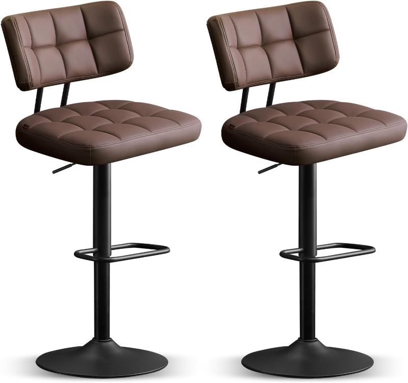 Photo 1 of Adjustable Bar Stools Set of 2, Leather Barstools with Back, Swivel Counter Height Stools for Kitchen Island, Lumbar Support Armless Bar Chair, Brown