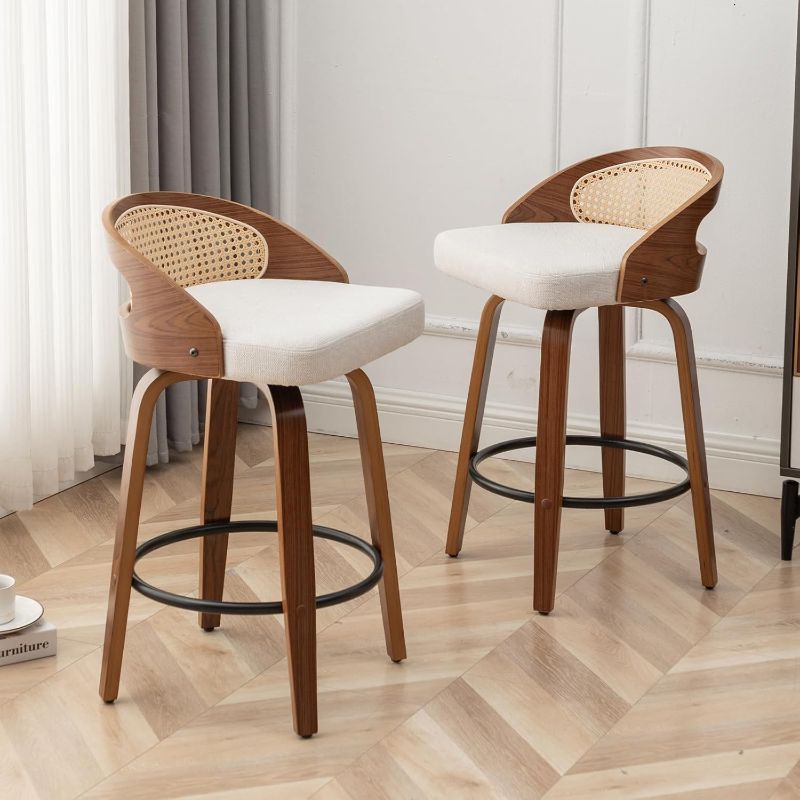 Photo 1 of 30" Swivel Rattan Bar Stools Set of 2,Mid-Century Modern Beige Linen Fabric Upholstered Counter Height Stools,Kitchen Island Barstools with Rattan Low Backrest,Walnut Wood Finish Bar Chair