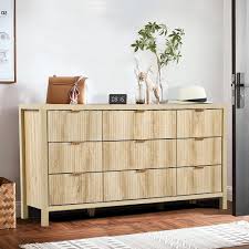 Photo 1 of 9 Drawer Double Dresser, Modern Chest of Drawers with Wooden Top, Chest of Drawers, Modern Storage Cabinet for Living Room, Natural OAK