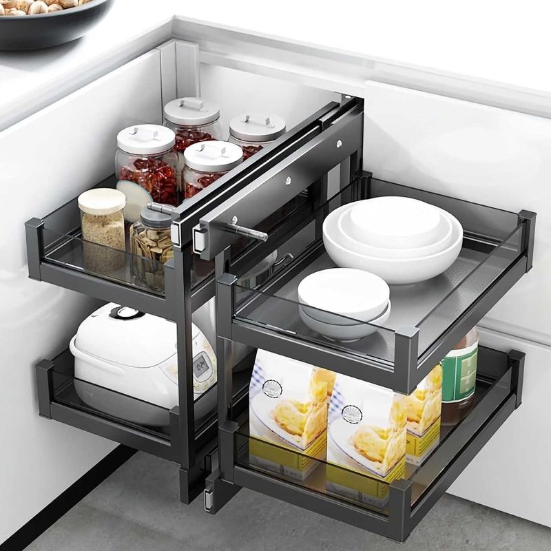 Photo 1 of Blind Corner Cabinet Pull Out Organizer, Kitchen Magic Corner Pull Out Left or Right Handed Open, 2 Tiers Adjustable Tray, Aluminium